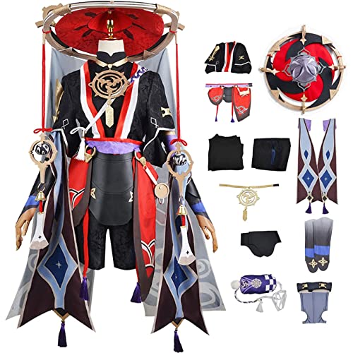 WOLWES Genshin Impact Scaramouche Cosplay Kostüm Komplettset mit Hüten Genshin Balladeer Cosplay Kimono Halloween Karneval Party Bühnenkostüm von WOLWES