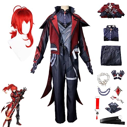 WOLWES Premium Genshin Impact Cosplay Diluc Kostüm Spiel Anime Männer Frauen Cosplay Outfits Komplettset Für Halloween Weihnachten Mit Perücke von WOLWES