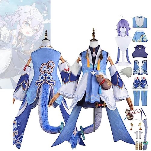 WOLWES Premium Honkai Star Rail Bailu Cosplay Kostüm Outfit Spielcharakter Uniform Komplettes Set Halloween Party Karneval Dress Up Anzug mit Ohrring Kopfschmuck Perücke von WOLWES