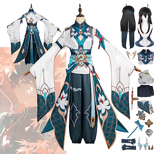 WOLWES Premium Honkai Star Rail Danheng Cosplay Kostüm Outfit Spielcharakter Uniform Komplettes Set Halloween Party Karneval Dress Up Anzug mit Ohrring Kopfschmuck Perückenringen von WOLWES