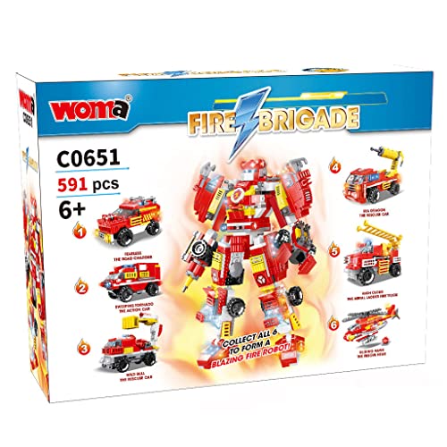 WOMA 2023 City Feuerwache, Baukasten mit Feuerwehrauto, Rettungshubschrauber und Roboter, Spielset, Mint-Rollenspiel-Spielzeug für Jungen und Mädchen ab 5 Jahren (591 Teile) (C0651A) von WOMA