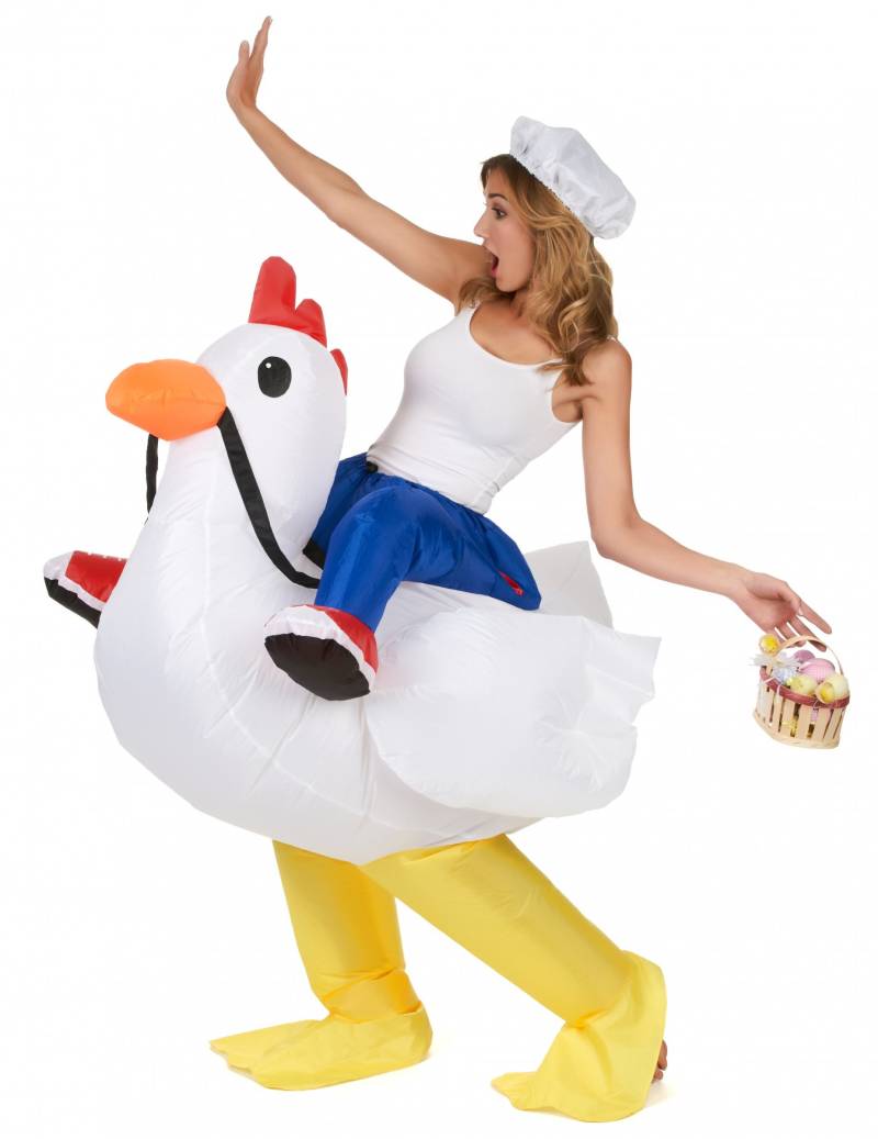 Aufblasbares Huckepack-Kostüm Huhn weiss-blau-gelb von KARNEVAL-MEGASTORE