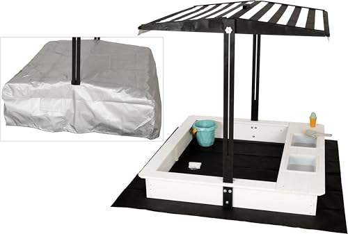 WONDERMAKE® Design Sandkasten mit Matschküche, Dach, Abdeckung Oxford 420D, Vliesfolie, Sandkiste Holz quadratisch verschließbar Outdoor Garten für Kinder, schwarz weiß von WONDERMAKE