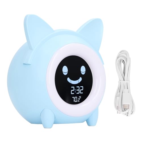 WONZHEC Kinder Cartoon Katze Mini Digital Wecker Nacht Licht Nickerchen Timer Schlafzug Uhr für Kinder (Light Blue) von WONZHEC