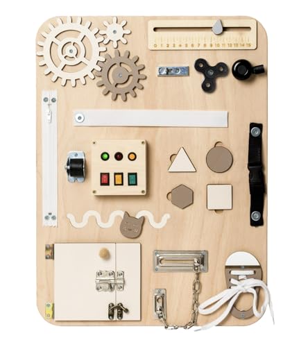 WOOBIBOO Montessori Busy Board Enjoy - Activity Board aus Holz für Kinder ab 1 Jahr, Lernspielzeug zur Förderung der Motorik und Kreativität, ideales Activity Spiel für Zuhause von WOOBIBOO