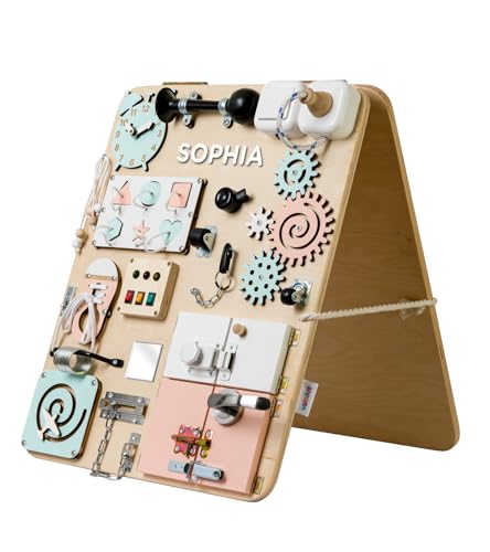 WOOBIBOO Personalisierte Montessori Busy Board Play - Stehen Activity Board aus Holz für Kinder ab 1 Jahr, Lernspielzeug zur Förderung der Motorik und Kreativität, ideales Activity Spiel für Zuhause von WOOBIBOO