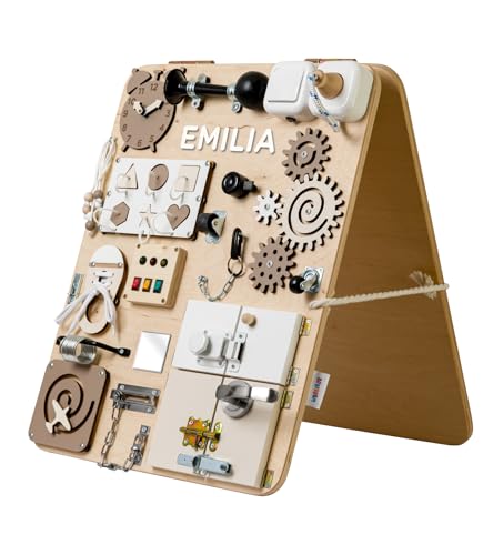 WOOBIBOO Personalisierte Montessori Busy Board Play - Stehen Activity Board aus Holz für Kinder ab 1 Jahr, Lernspielzeug zur Förderung der Motorik und Kreativität, ideales Activity Spiel für Zuhause von WOOBIBOO