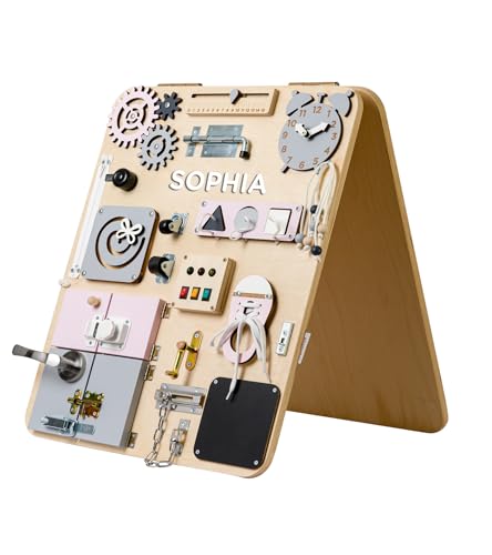 WOOBIBOO Personalisierte Montessori Busy Board Plus - Stehen Activity Board aus Holz für Kinder ab 1 Jahr, Lernspielzeug zur Förderung der Motorik und Kreativität, ideales Activity Spiel für Zuhause von WOOBIBOO