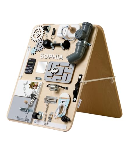 WOOBIBOO Personalisierte Montessori Busy Board - Stehen Activity Board aus Holz für Kinder ab 1 Jahr, Lernspielzeug zur Förderung der Motorik und Kreativität, ideales Activity Spiel für Zuhause von WOOBIBOO