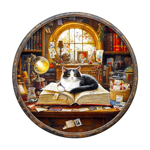 WOODBESTS Holzpuzzle Erwachsene, Katzen Bibliothek Holzpuzzles, 280 Teile Holz Puzzle, Unregelmäßige Einzigartige Tierform Puzzle, Schön Geschenke für Puzzleliebhaber (34 * 34 cm) von WOODBESTS