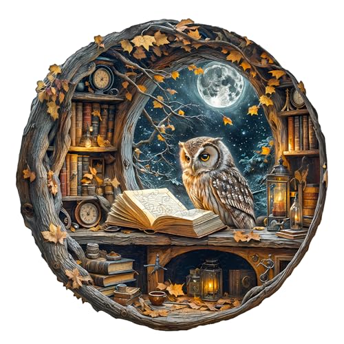 WOODBESTS Holzpuzzle Erwachsene, Mondschein Eule Holzpuzzles, 270 Teile Holz Puzzle, Unregelmäßige Einzigartige Tierform Puzzle, Schön Geschenke für Puzzleliebhaber (34 * 34cm) von WOODBESTS
