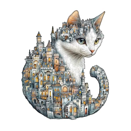 WOODBESTS Holzpuzzle Erwachsene, Stadt der Katzen Holzpuzzles, 205 Teile Holz Puzzle, Unregelmäßige Einzigartige Tierform Puzzle, Schön Geschenke für Puzzleliebhaber (34 * 27.2 cm) von WOODBESTS