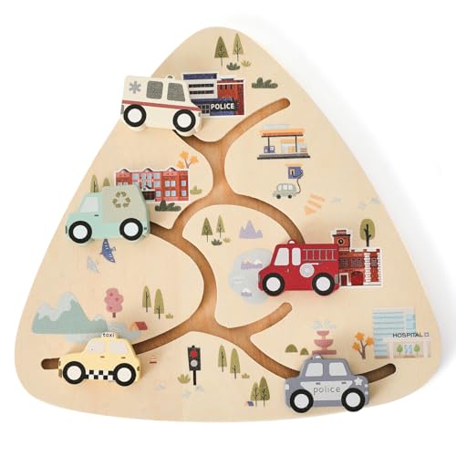 Holz Autos Fahrzeuge Set für Kinder - 5 Stück Holzautos Set mit Ambulan, Taxi zund mehr - Holzspielzeug für Jungen Mädchen, Montessori Spielzeug für Babys ab 1 Jahren (Schienenfahrzeuge) von WOODEN TEETHER