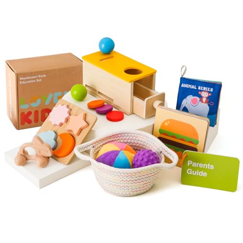 Montessori Baby Spielzeug 6-12 Monate, 6-in-1 Sensorisches Motorikspielzeug mit Objekt-Dauerhaftigkeits-Box,Berührungs- und Spielbrett,Sensory Ball & Schatzkorb,Kuscheliges Babybuch (6-in-1) von WOODEN TEETHER