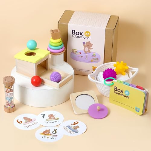 Montessori Baby Spielzeug 6-12 Monate, 7-in-1 Sensorisches Motorikspielzeug mit Regenmacher, Multi-Sensorik-Ball, Objekt Performance Box,Stapeln und Verschachteln von Ringen und mehr (7-in-1) von WOODEN TEETHER