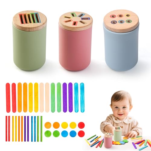 Montessori Spielzeug ab 1 2 3 Jahr, 3 in 1 Silikon Sortierbehälter mit 3 Holzdeckeln - Montessori Farben und Formen Sortierspiel für Kinder Sensorik Spielzeug Baby Motorikspielzeug Baby Geschenk von WOODEN TEETHER