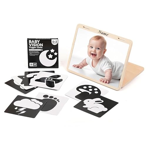 WOODEN TEETHER Baby Spiegel Spielzeug (kann graviertund gesegnet Werden) - Montessori Spielzeug für Neugeborene mit Schwarz-Weiß Visuelle Karten, Hölzernes Bauchzeit-Spiegelspielzeug für Neugeborene von WOODEN TEETHER