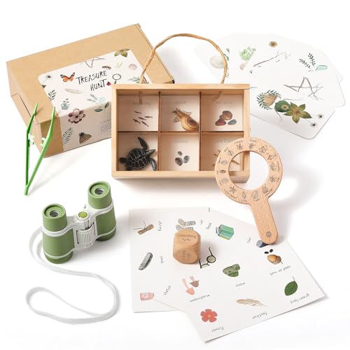 WOODEN TEETHER Forschersets für Kinder ab 3 Jahren, Entdecker Set Indoor und Outdoor Suchspiel für Garten, Strand, Wald, Lernspielzeug mit Lupe, Pinzette & Fernglas, Geschenk für Jungen und Mädchen von WOODEN TEETHER