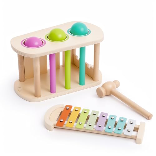 Montessori Spielzeug ab 1 Jahr, 2-in-1 Xylophon und Hammerspiel mit ausziehbarem Xylophon , Montessori-Musiklernspielzeug , Motorikspielzeug Geschenk für 1 2 3 Jahre Mädchen Junge von WOODEN TEETHER