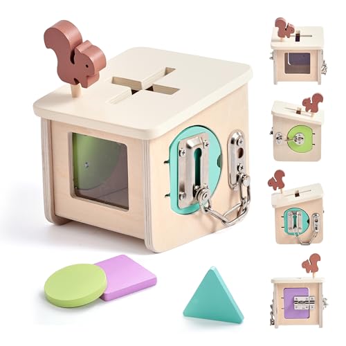 WOODEN TEETHER Motorikwürfel aus Holz, Montessori Spielzeug Baby, Motorikspielzeug für Baby, Spielzeug Motorikschleife, Holzspielzeug ab 1 Jahr, Activity Center, Geschenke für Mädchen (Lock Box) von WOODEN TEETHER