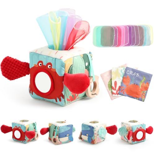 WOODEN TEETHER Personalisierte Baby Tissue Box Toy (kann graviertund gesegnet Werden) Montessori Spielzeug 6 Monate, Fördert Sensorische & Motorik, mit Spiegeln, Jungen & Mädchen Geschenk(Krabben) von WOODEN TEETHER