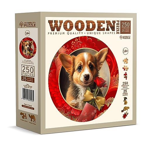 WOODEN.CITY Holzpuzzle - Geschenk und Hund 250 Teile - Einzigartige Ausgefallene Puzzles mit Tierformen - Herausforderndes Holzmosaikpuzzle für Erwachsene von WOODEN.CITY