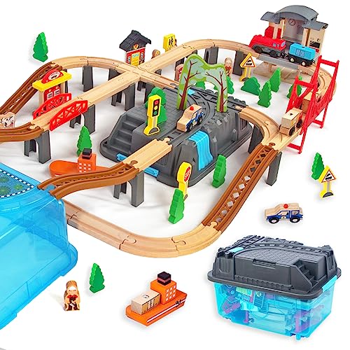 100 Stück Holzeisenbahn und Züge Pack Eisenbahn Anfängerset Kompatibel mit Thomas Passend für Eichhorn Zugset Kleinkinderspielzeug empfohlen ab 3 Jahren von WOODENFUN