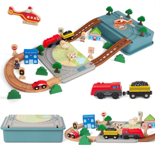 61 Stück Holzeisenbahn und Züge Pack Eisenbahn Anfängerset Kompatibel mit Thomas Passend für Eichhorn Zugset Kleinkinderspielzeug empfohlen ab 3 Jahren (40 Stück) von WOODENFUN