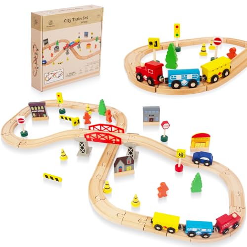WOODENFUN 60 Stück Holzeisenbahn und Züge Pack Eisenbahn Anfängerset Kompatibel mit Thomas Passend für Eichhorn Zugset Kleinkinderspielzeug empfohlen ab 3 Jahren (61 Stück) von WOODENFUN