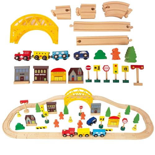 60 Stück Holzeisenbahn und Züge Pack Eisenbahn Anfängerset Kompatibel mit Thomas Passend für Eichhorn Zugset Kleinkinderspielzeug empfohlen ab 3 Jahren von WOODENFUN