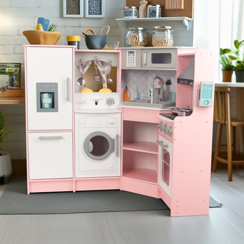 Rosa Hölzerne Kinderküche, Kinderspielküche mit Spüle Herd Backofen, Holzküche Spielzeugküche, Spielküche aus Holz mit Zubehör für Kinder ab 3 Jahren (Rosa 2) von WOODENFUN