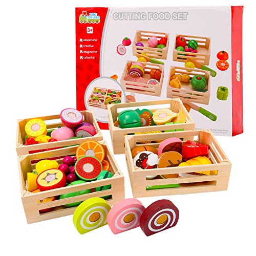 Küchenspielzeug für Kinder aus Holz, Kinderküche Zubehör, Schneiden Obst Gemüse Lebensmittel Holz mit Klett-Verbindung, Küche Spielzeug Lernspielzeug Geschenk für Kinder von WOODENFUN