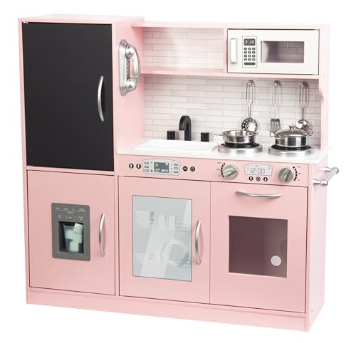 Kinderspielzeug Küche mit Tafel Gefrierschrank Zubehör Spielküche für Kinder Geschenke für Weihnachten, Geburtstag ab 3 Jahren (Lichtrosa) von WOODENFUN