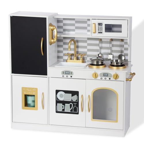 Kinderspielzeug Küche mit Tafel Gefrierschrank Zubehör Spielküche für Kinder Geschenke für Weihnachten, Geburtstag ab 3 Jahren (Milchweiß) von WOODENFUN