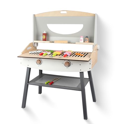 Outdoor Spielküche Gartenspielküche Matschküche Kinder Outdoor Mit Rädern, Wasserkocher, Spüle, Holzpflanzenbehälter, Kinderküche (Grill) von WOODENFUN