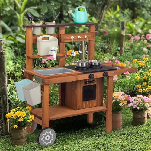 Outdoor Spielküche Gartenspielküche Matschküche Kinder Outdoor Mit Rädern, Wasserkocher, Spüle, Holzpflanzenbehälter, Kinderküche (Braun) Outdoor Spielküche Gartenspielküche Matschküche Kinder Outdoor Mit Rädern, Wasserkocher, Spüle, Holzpflanzenbehälter, Kinderküche (Braun) von WOODENFUN