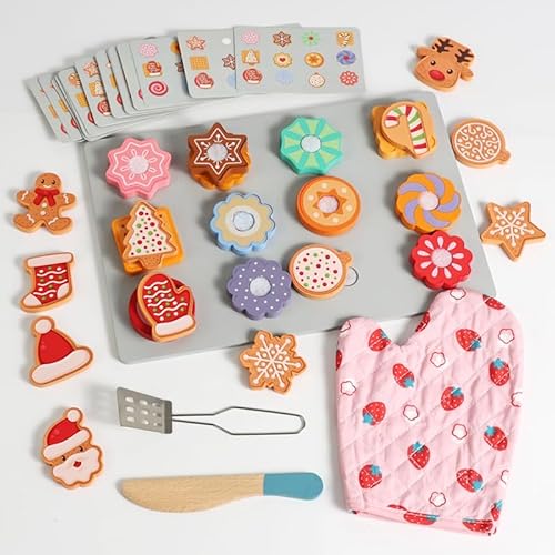 Pizza Set Holz, Pizza Kinderküche Zubehör, Holzpizza für Kinder, Spielküche Pizza Spielzeug Lebensmittel für Kaufladen, Pädagogisches Rollenspiel Lernspielzeug Geschenk (Weihnachtskekse) von WOODENFUN