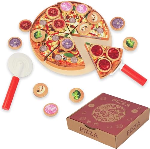 Pizza Set Holz, Pizza Kinderküche Zubehör, Holzpizza für Kinder, Spielküche Pizza Spielzeug Lebensmittel für Kaufladen, Pädagogisches Rollenspiel Lernspielzeug Geschenk von WOODENFUN
