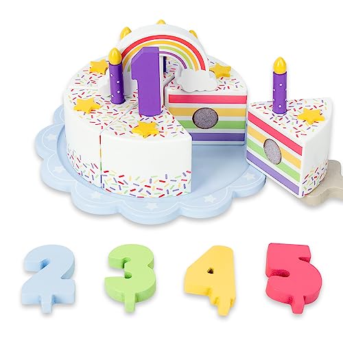 Pretend Spielen Lebensmittel für Kleinkinder 1-3, hölzerne Geburtstagskuchen mit Kerzen und Zahlen, Tee-Party Lernen Küche Geschenk Spielzeug für Jungen Mädchen (Regenbogenkuchen) von WOODENFUN