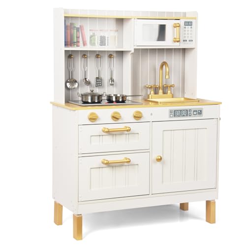 Rosa Hölzerne Kinderküche, Kinderspielküche mit Spüle Herd Backofen, Holzküche Spielzeugküche, Spielküche aus Holz mit Zubehör für Kinder ab 3 Jahren (Golden) von WOODENFUN