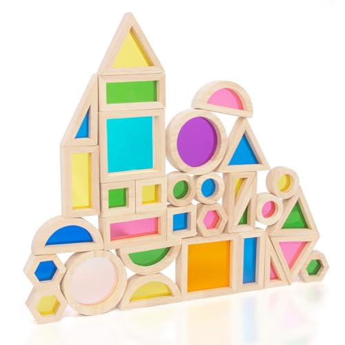 WOODENFUN 32 Stücke Regenbogen Acryl Bausteine Lichtblöcke Montessori Kinderspielzeug Kautschukholz Bausteine Transparent Regenbogen Acryl von WOODENFUN