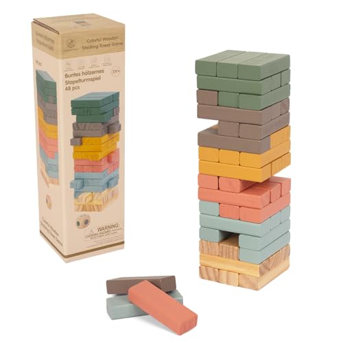 WOODENFUN 48pcs Buntes hölzernes Stapelturmspiel mit Würfel Party Spiel Wacketturm Holz Geeignet für Kinder 3+, 8x8x28cm (Farbe) von WOODENFUN