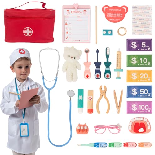 Pretend Play Home Office Set für Kinder,10Pcs Büro Playset mit hölzernem Spielzeug Laptop-Telefon für Vorschulkinder Alter 3+ Jahre (Arzt) von WOODENFUN