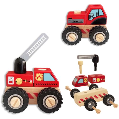 WOODENFUN Hölzernes Baby Spielzeugauto für 12-18 Monate, 2 Stück Baby-Fahrzeug-Spielzeug Handschiebeauto-Spielzeug für 1 2 Jahre alte Jungen Mädchen(Red) von WOODENFUN