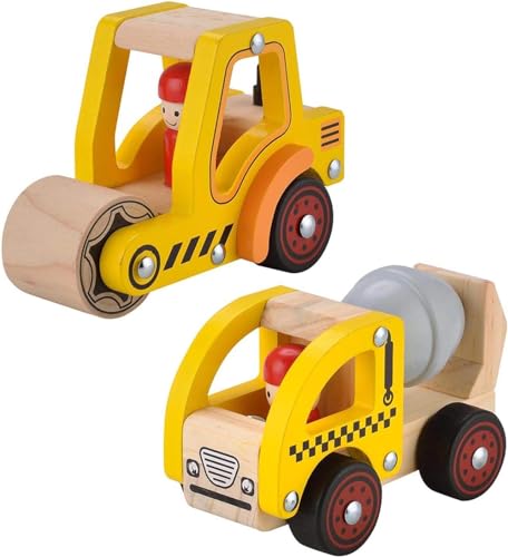 WOODENFUN Hölzernes Baby Spielzeugauto für 12-18 Monate, 2 Stück Baby-Fahrzeug-Spielzeug Handschiebeauto-Spielzeug für 1 2 Jahre alte Jungen Mädchen (Zementlaster + Straßenwalze Auto) von WOODENFUN