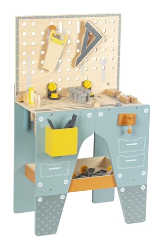 WOODENFUN Holz Kinderwerkzeugtisch Spielzeug Werkzeugkoffer Kinder Werkbank Kinderwerkzeug ab 2 3 4 Jahre Montessori Spielzeug Geschenk Lernspiele Werkzeug Koffer für Kinder (Blau) von WOODENFUN