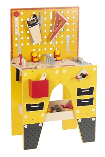 WOODENFUN Holz Kinderwerkzeugtisch Spielzeug Werkzeugkoffer Kinder Werkbank Kinderwerkzeug ab 2 3 4 Jahre Montessori Spielzeug Geschenk Lernspiele Werkzeug Koffer für Kinder (Gelb) von WOODENFUN