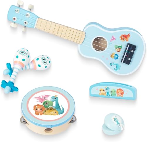 WOODENFUN Kinder Gitarre für Mädchen, Holz Musikinstrumente Spielzeug mit Ukulele, Tamburin, Maracas, Harmonika, Mini Band Sets für Kleinkinder 2 3 Jahre alt Geburtstagsgeschenk(Blau) von WOODENFUN