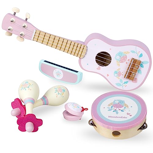 WOODENFUN Kinder Gitarre für Mädchen, Holz Musikinstrumente Spielzeug mit Ukulele, Tamburin, Maracas, Harmonika, Mini Band Sets für Kleinkinder 2 3 Jahre alt Geburtstagsgeschenk(Rosa) von WOODENFUN