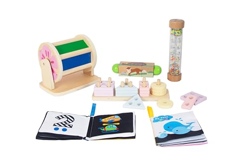 WOODENFUN Montessori Spielzeug Set Kinder Erleuchtung Holz Spielzeug 6pcs Set mit Stapel Spielzeug, Regen Trommel, Drehende Trommel 1 Jahre Kinder Geschenktasche (Set1) von WOODENFUN